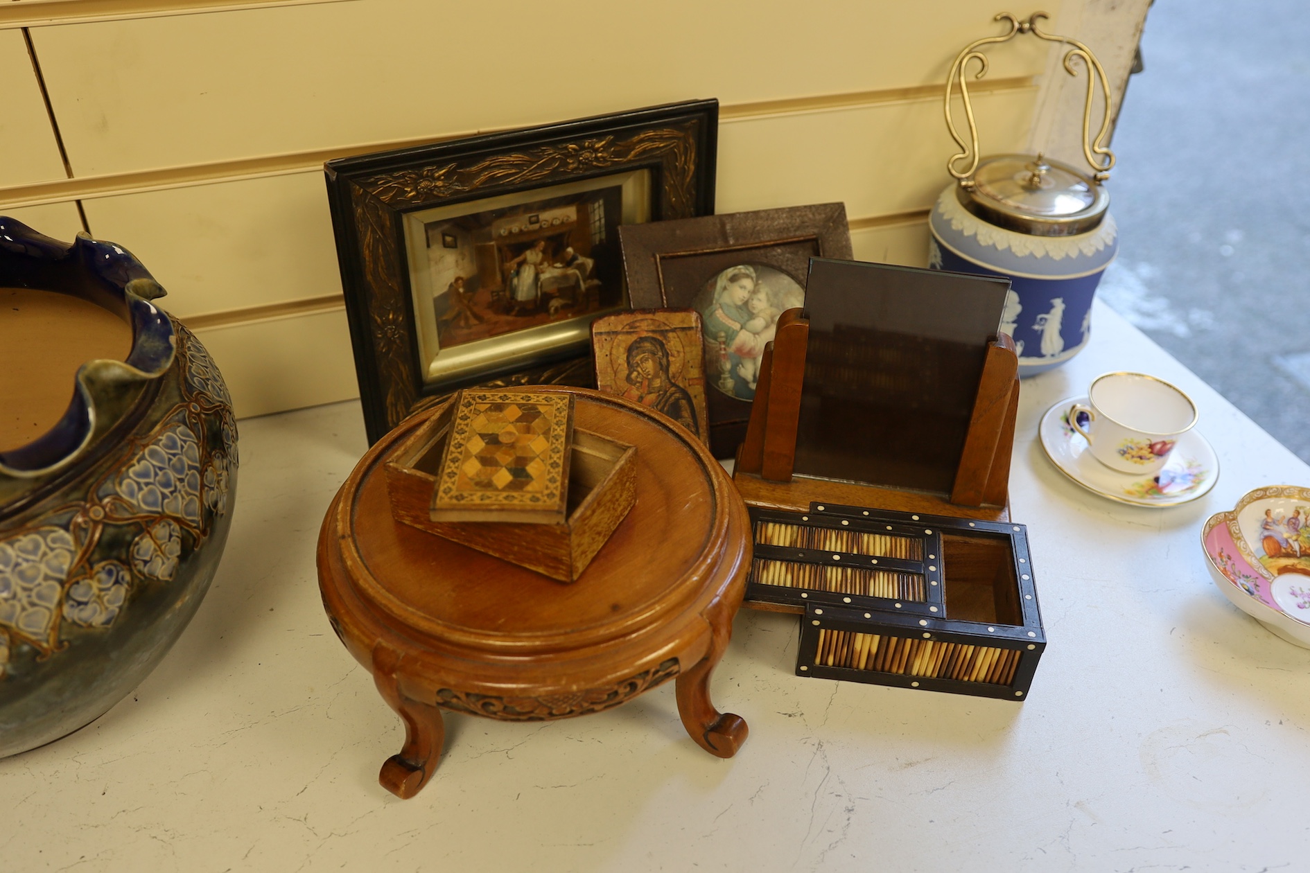 A Chinese stand, a Tunbridge ware box, a quill box, photo frame icon two prints and a box, Chinese stand 21cm. Condition - poor to fair to good